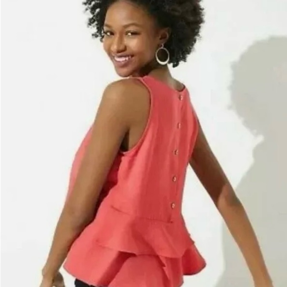 LOFT Coral Tiered Ruffle Button-Back Tank